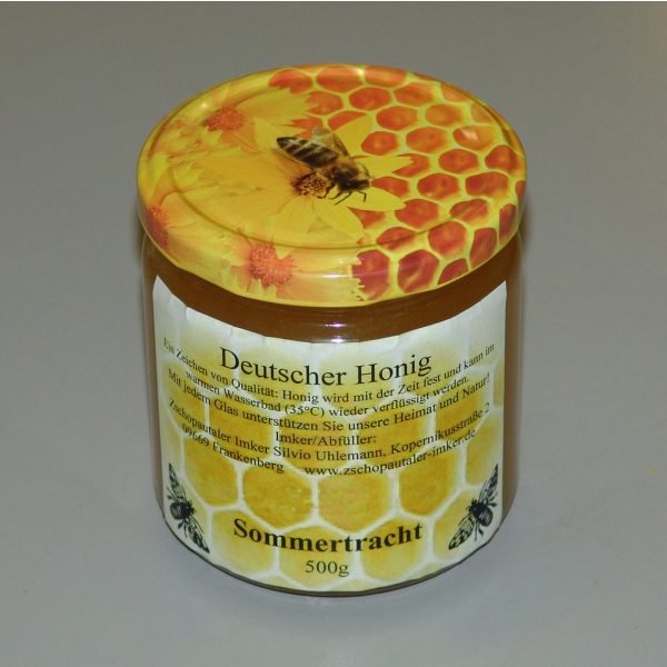 Bienenhonig aus eigener Imkerei, Sommertracht im 500g Glas